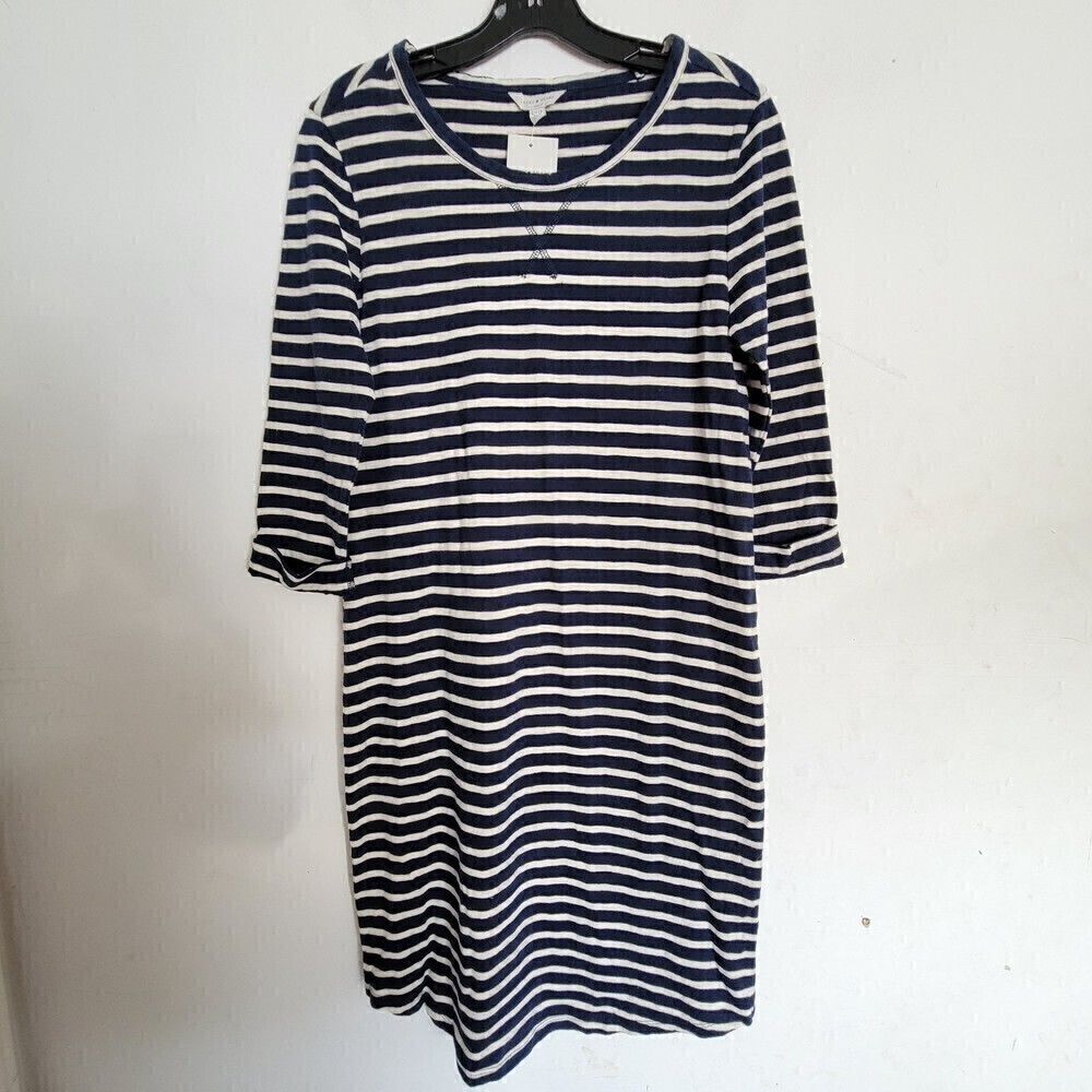 NEW Lucky Brand Navy Blue and White Striped 3/4 Sleeve Cotton Dress Size XS